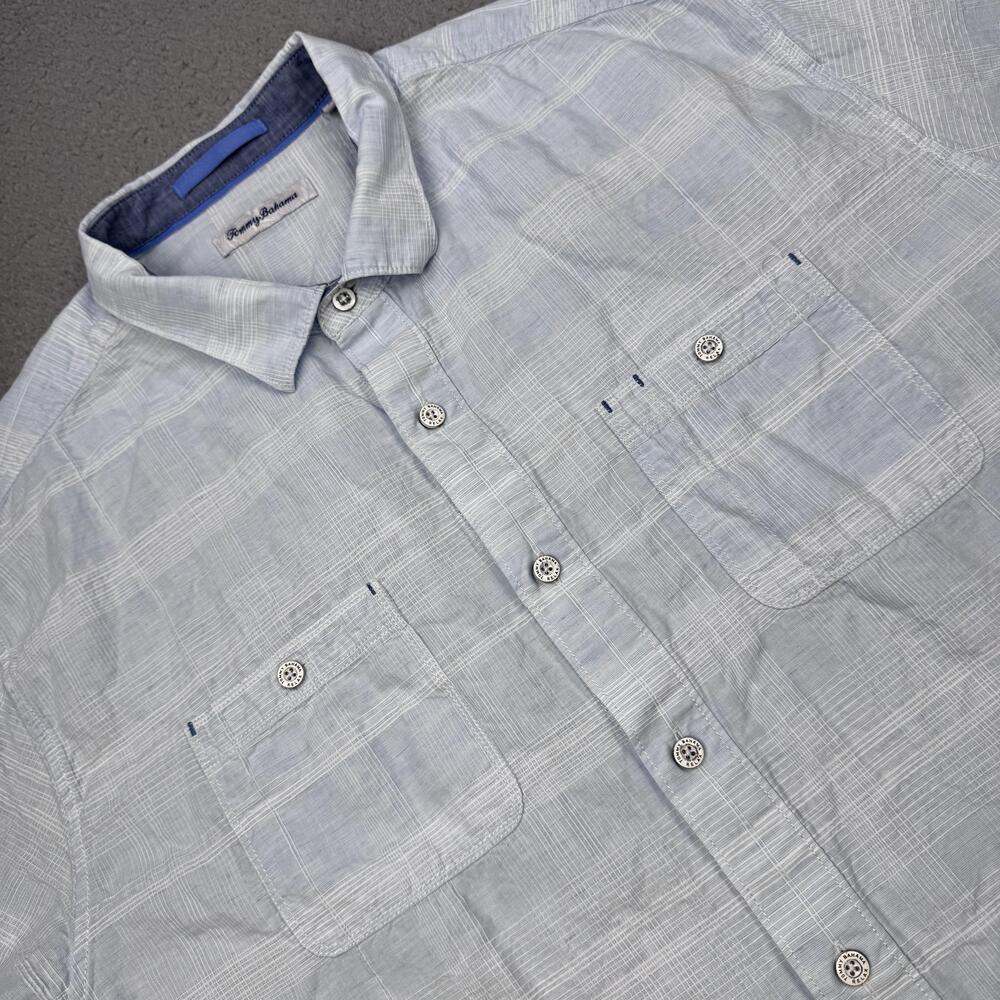 Tommy Bahama Shirt Mens 2XL Big Light Blue Cotton Linen Short Sleeve Plaid Grid